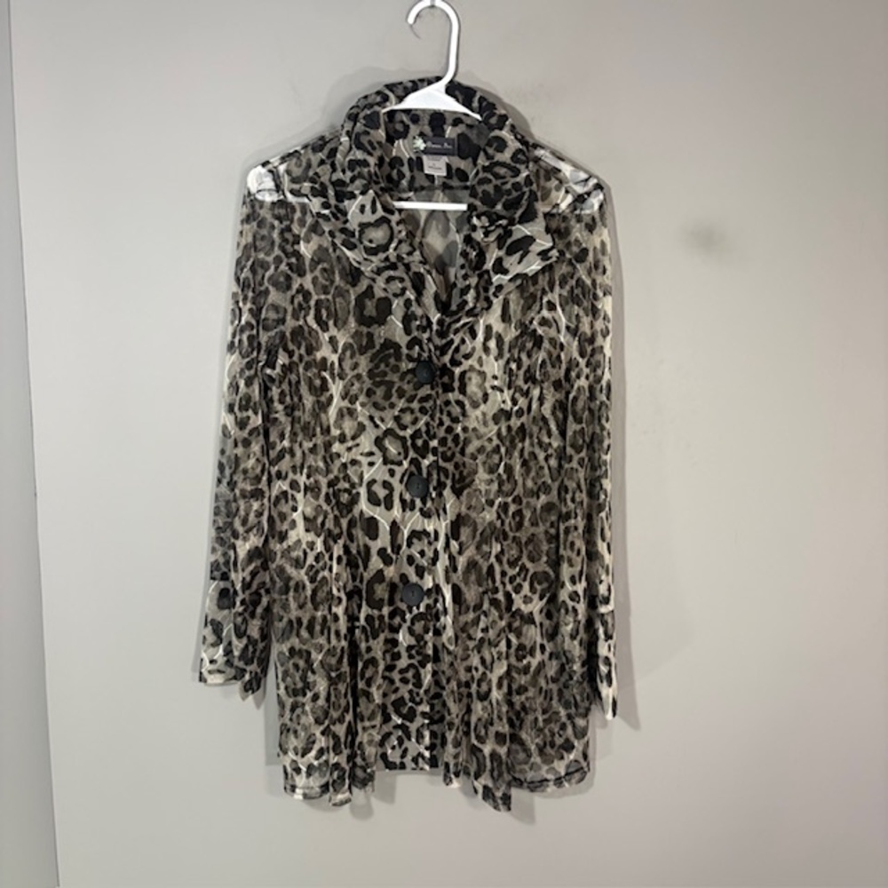 Damee Inc Blouse Womens L Gray Animal Leopard Print Mesh Sheer Button Tunic Top